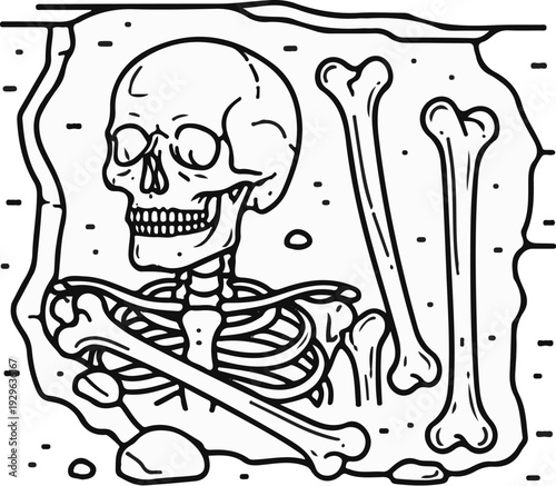 Excavated skeleton and bones unearthed from earth, revealed through illustration