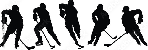 Black silhouettes of ice hockey players in various poses white background