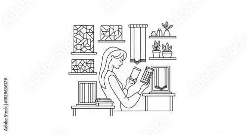 Woman at home using electronic device with decorative windows and plants