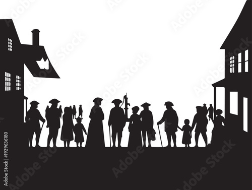 Colonial village street silhouette with historical people in line art vector illustration