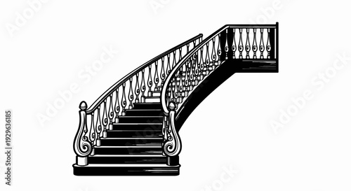 Ornate curved staircase with carved banister and balusters