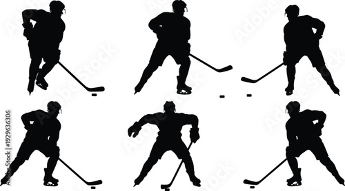 Black silhouettes of ice hockey players in various poses with sticks and puck white background