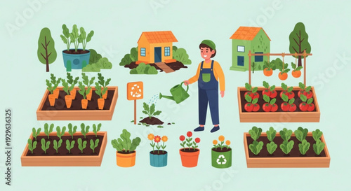 Man gardening with plants vegetables and flowers in pots and raised beds