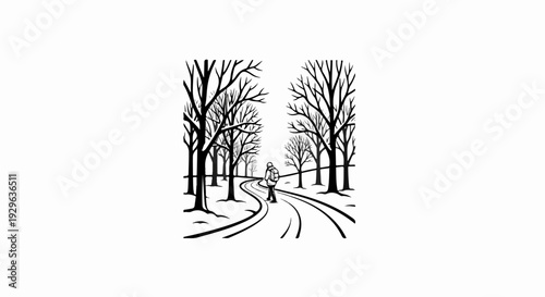 Lone figure with backpack walks along snowy path bordered by bare trees