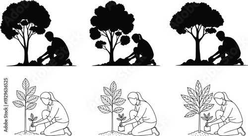 Tree Planting Silhouette Vector Set with People Gardening, Reforestation Concept, Environmental Conservation, Woman Planting Saplings, Nature Growth, and Sustainability Icons