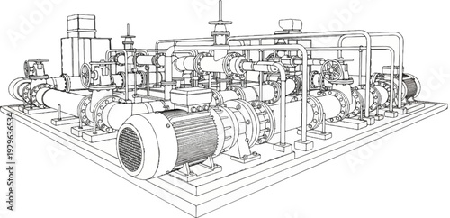 Detailed line drawing of a complex industrial pumping station with multiple units