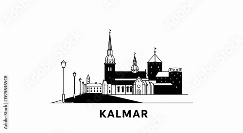 Black and white silhouette of Kalmar's skyline with a castle and church
