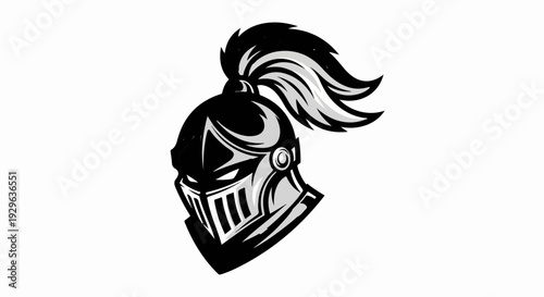 Stylized black and white illustration of a knight's helmet with a plume