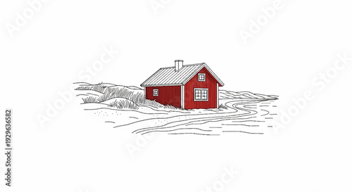 Red cottage on a sandy landscape with winding paths near water