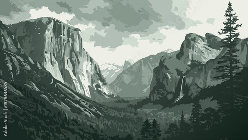 Monochromatic Sage Green Vector Illustration of a Majestic Mountain Valley with High Cliffs and Waterfall