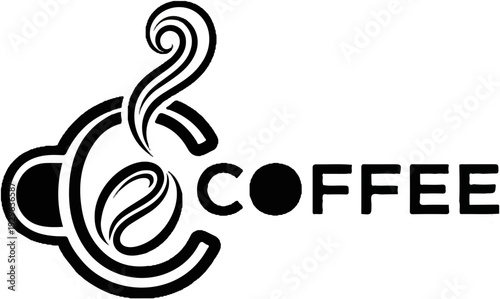 Stylized coffee cup with steam and coffee bean integrated into text