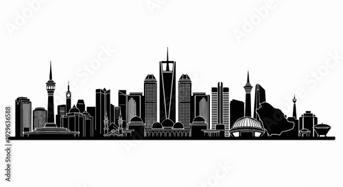 Silhouette of diverse modern and historical urban architecture against a white background
