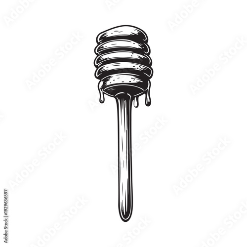 a honey dipper dripping sweet golden syrup into a pool below 