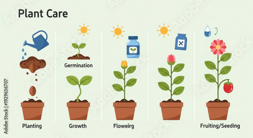 Plant care stages infographic growth cycle from planting to fruiting