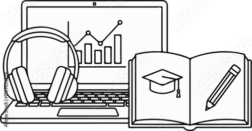 Laptop with graph, headphones, open book with graduation cap and pencil