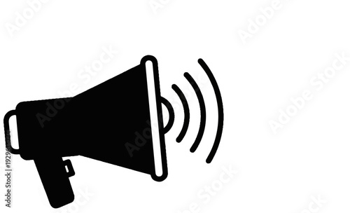 A black silhouette of a megaphone emitting sound waves on a white background