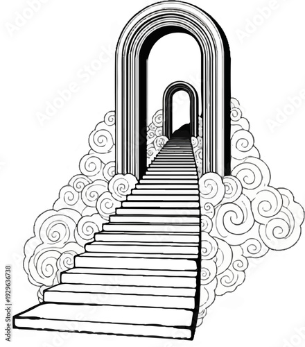 A mystical stairway ascends through arched portals into a dreamlike cloudscape