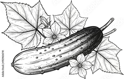 Detailed black and white illustration of a cucumber with leaves and flowers