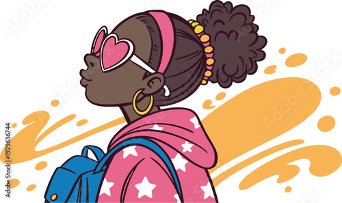 Black Girl Png Afro Kids Clipart Bundle.
Cute stylized vector illustration of a confident Black girl with dark brown skin, wearing pink heart-shaped sunglasses, large hoop earrings.