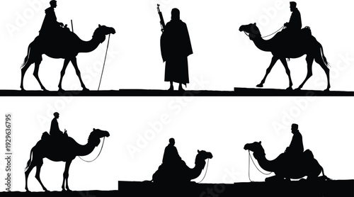 Black silhouettes of people riding and standing with camels desert walking