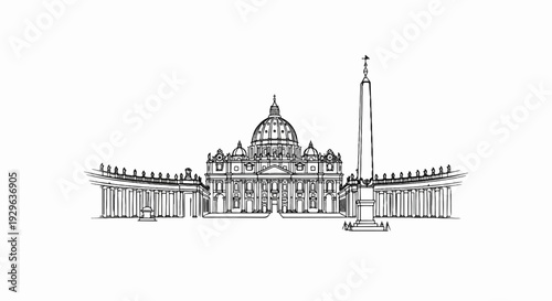 Line drawing of a grand dome-topped building with flanking colonnades and an obelisk