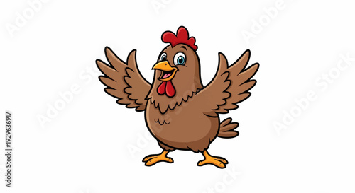 A cartoon hen with brown feathers, red comb, and wide-open wings stands on white