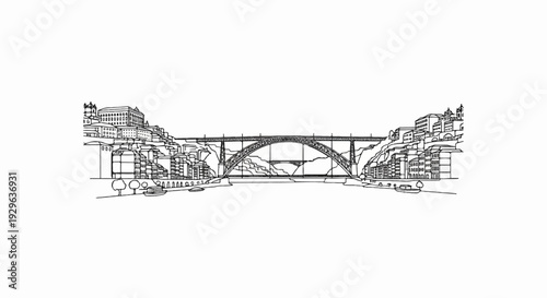 A detailed line drawing depicts a grand arched bridge spanning a wide river, connecting densely built cityscapes