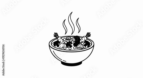 A steaming bowl brimming with assorted vegetables and mushrooms, presented in a simple line art style