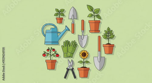 Gardening tools and potted plants on green background with flowers