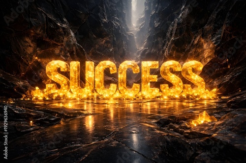 Bold 3D golden typography of the word SUCCESS glowing on a dark liquid surface with sparks.