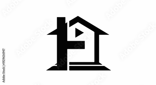 A stylized black house with an inner play button symbol
