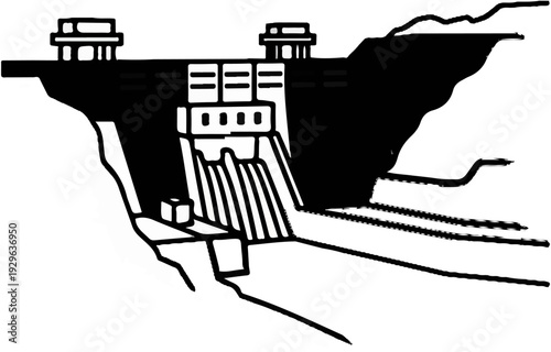 Schematic illustration of a large hydroelectric dam and its spillway system