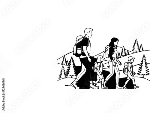 Family hiking together through a scenic, tree-filled landscape