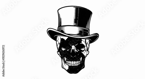 A monochrome graphic illustration of a skull wearing a top hat with a menacing grin