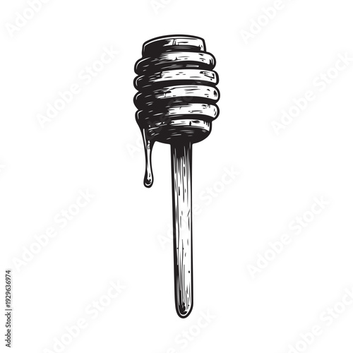 a honey dipper dripping sweet golden syrup into a pool below 