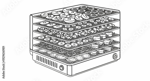 A five-tier food dehydrator filled with various sliced fruits and vegetables