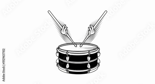 Black and white illustration of a snare drum with crossed drumsticks above