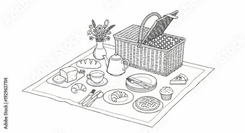 An open picnic basket with a spread of breads, pastries, fruit, and tea