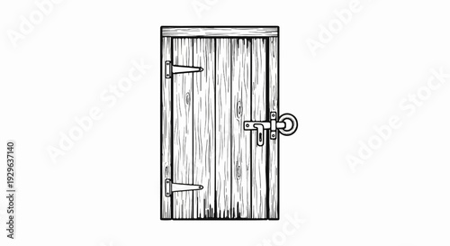Rough wooden door with simple latch and hinges, hand-drawn sketch