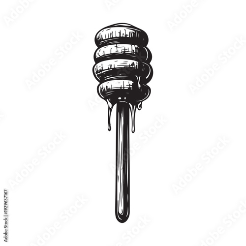 a honey dipper dripping sweet golden syrup into a pool below 