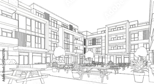Sketch of a modern courtyard with picnic tables and potted plants between buildings