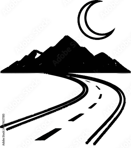 Winding road under a crescent moon and silhouetted mountains at night