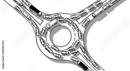 A busy traffic circle with cars and buses in a sketch