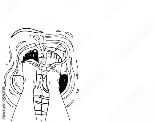 A black and white illustration of feet submerged in rippling water, creating splashes