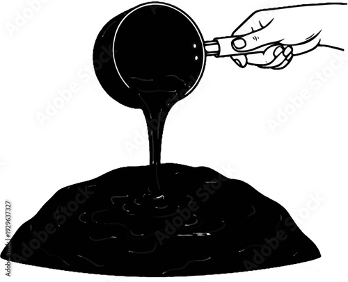 A hand pours thick black liquid from a pot onto a pile