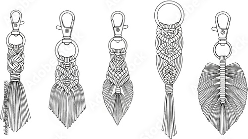 Five hand-drawn macrame keychain designs, each featuring different knotting techniques and tassel styles
