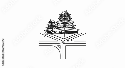 Stylized ink drawing depicts a layered, multi-tiered traditional structure atop a junction of roads