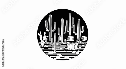 Stylized circular depiction of a desert scene with various cacti, gourds, and rocks