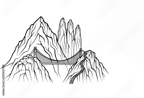 A suspension bridge spans across jagged mountain peaks with a stone staircase leading up