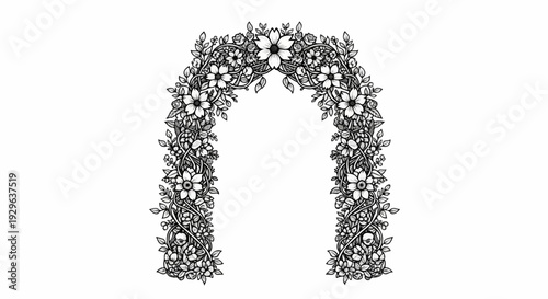 Ornate archway of flowers and leaves in black and white illustration